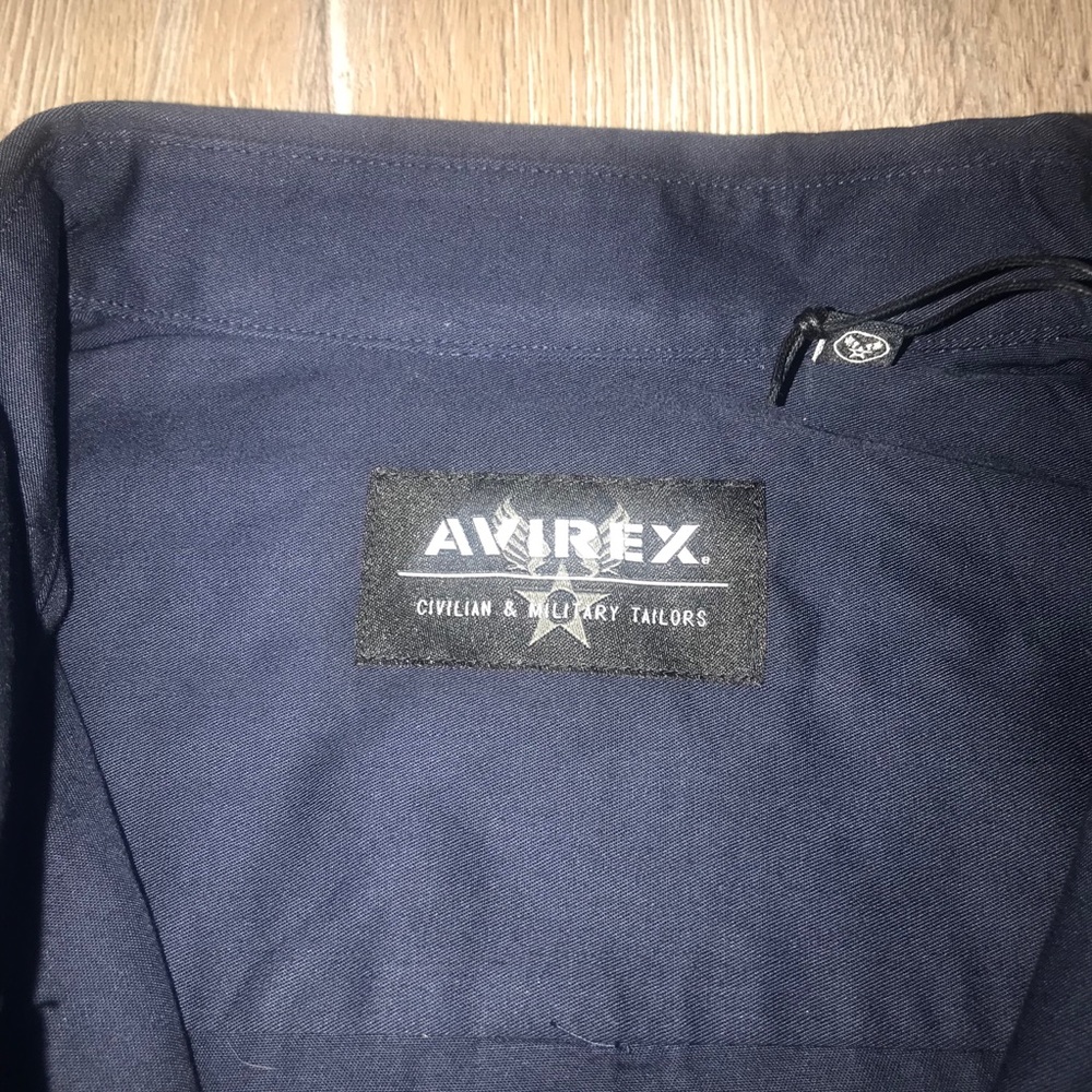 Avirex Shirt Men's Medium Core Short Sleeve Military Officer Navy Blue Patches - Picture 2 of 5